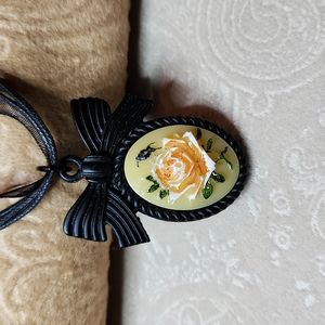 HANDMADE! Floral rose cameo on a  black frame & ribbon necklace NWT!